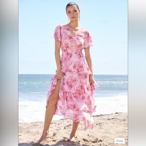 NWT Ador Pink Floral V-Neck Layered Ruffle Chiffon Maxi Dress Size Medium
